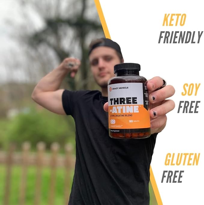 Crazy Muscle Creatine Monohydrate Pills - Premium 3 Type 5g Creatine Pills - Pre/PostWorkout & Keto Energy Builder - Easy-to-Take Three-Atine Pills for Optimum Performance Men Women - 180 Tablets