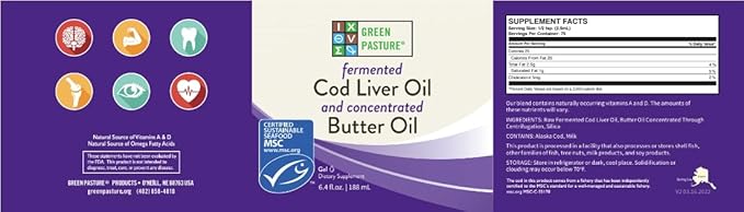 Green Pasture Butter Oil/Fermented Cod Liver Oil Blended Gel - 6.4 oz.- Vitamin A & D- EPA - DHA - Omega Fatty Acids (Unflavored)