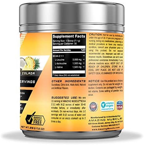 2:1:1 Branched Chain Amino Acids Supplement | 6000 Mg Per Serving Supplement | Pina Colada Flavor | 30 Servings