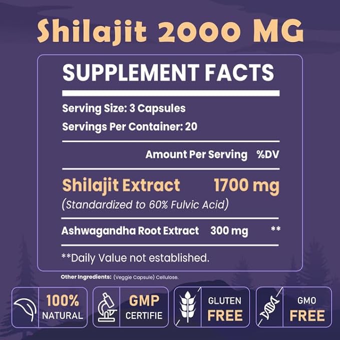 2000 MG Shilajit Supplement, Shilajit Resin Organic, Shilajit Capsules, 100% Pure Shilajit with 85+ Trace Minerals & 60% Fulvic Acid, Boost Energy & Immunity, Vegetarian, Natural, 60 Capsules