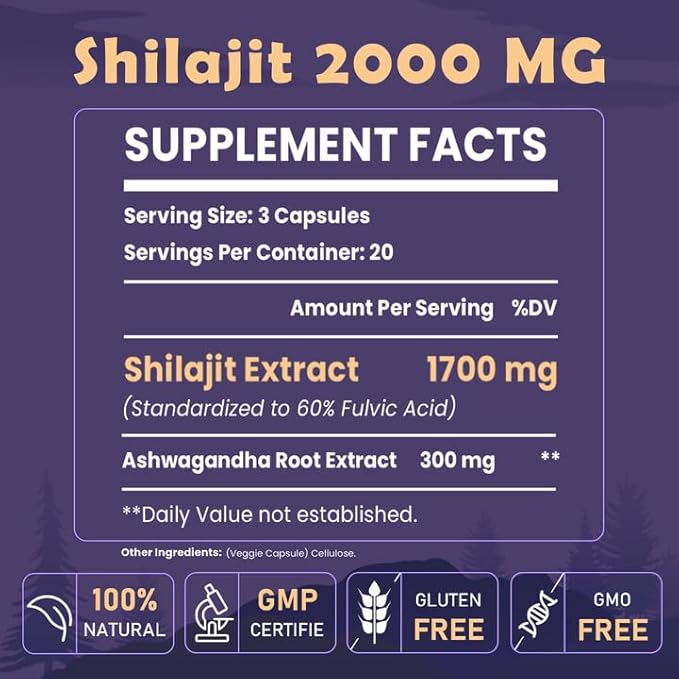 2000 MG Shilajit Supplement, Shilajit Resin Organic, Shilajit Capsules, 100% Pure Shilajit with 85+ Trace Minerals & 60% Fulvic Acid, Boost Energy & Immunity, Vegetarian, Natural, 120 Capsules