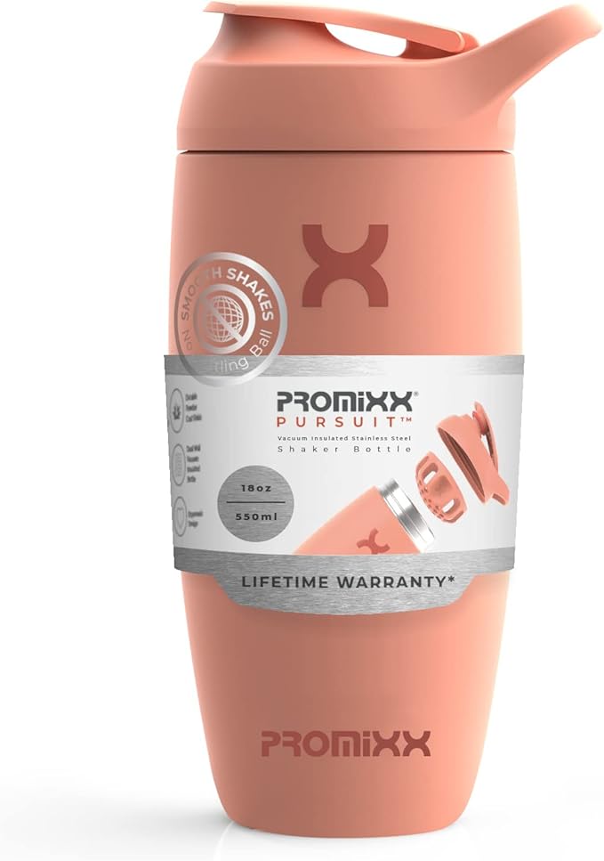 Promixx Pursuit Shaker Bottle Insulated Stainless Steel Water Bottle and Blender Cup, 18oz, Coral
