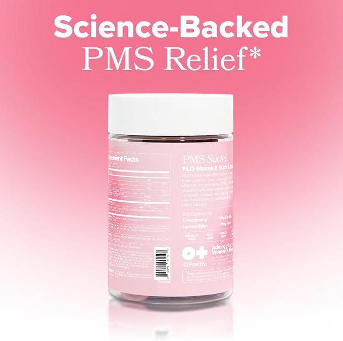 O Positiv FLO PMS Gummies for Women - Proactive PMS Relief - Targets Hormonal Breakouts, Bloating, Cramps, & Mood Swings with Chasteberry, Vitamin B6, & Lemon Balm - PMS Gummies (Pack of 1)-VitarraWellness