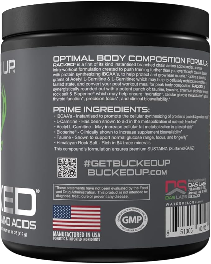 Bucked Up- BCAA RACKED™ Branch Chained Amino Acids | L-Carnitine, Acetyl L-Carnitine, GBB | Post Workout Recovery, Protein Synthesis, Lean Muscle BCAAs That You Can Feel! 30 Servings (Watermelon)