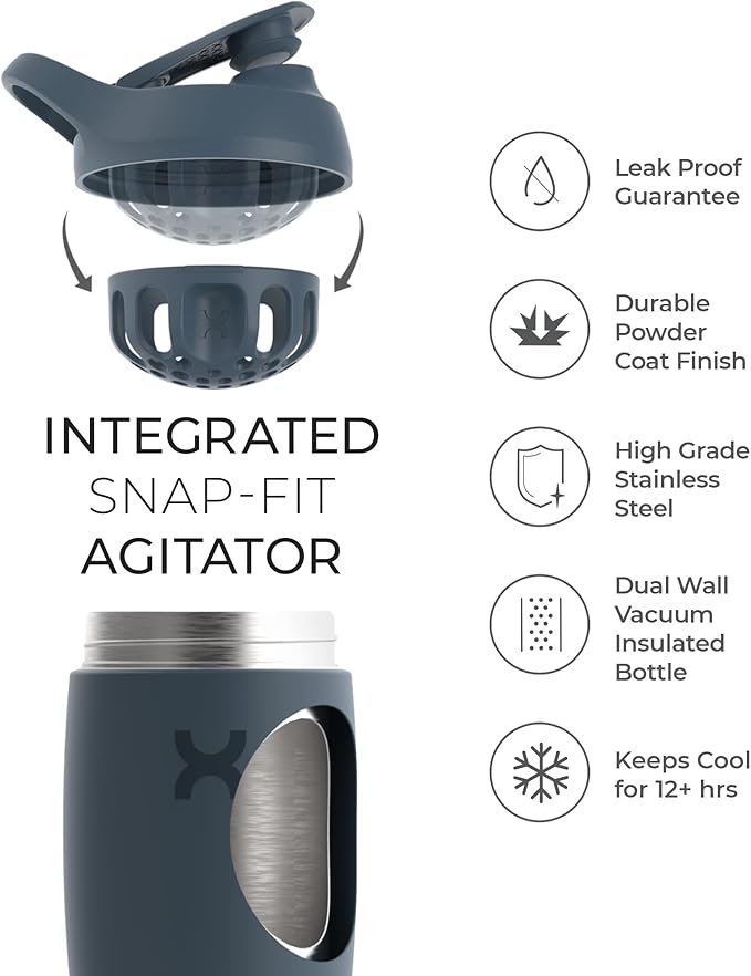 Promixx Pursuit Shaker Bottle Insulated Stainless Steel Water Bottle and Blender Cup, 18oz, Graphite Gray
