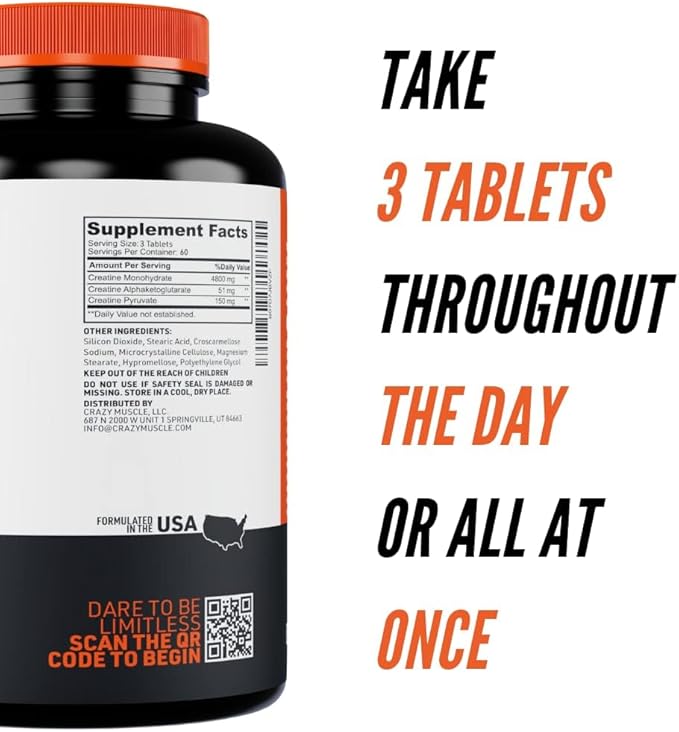 Crazy Muscle Creatine Monohydrate Pills - Premium 3 Type 5g Creatine Pills - Pre/PostWorkout & Keto Energy Builder - Easy-to-Take Three-Atine Pills for Optimum Performance Men Women - 180 Tablets