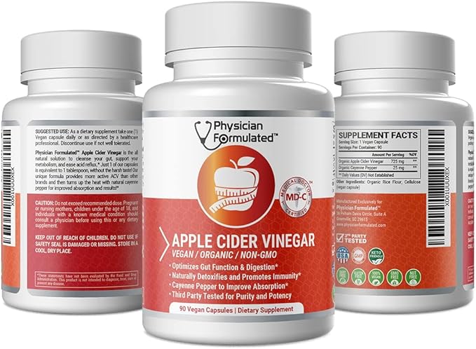 100% Organic Apple Cider Vinegar Capsules 750mg in just 1 Pill Pure Raw Apple Cider Vinegar with Cayenne Pepper for Natural, Fast Detox and Cleanse - 90 Capsules