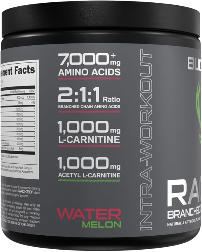 Bucked Up- BCAA RACKED™ Branch Chained Amino Acids | L-Carnitine, Acetyl L-Carnitine, GBB | Post Workout Recovery, Protein Synthesis, Lean Muscle BCAAs That You Can Feel! 30 Servings (Watermelon)