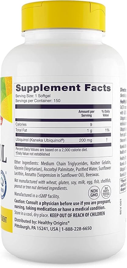 Healthy Origins Ubiquinol (Active Form of CoQ10), 200 mg - Activated Form of CoQ10 - Kaneka Ubiquinol Supplements for Heart Health & Antioxidant Support - Gluten-Free & Non-GMO - 150 Softgels