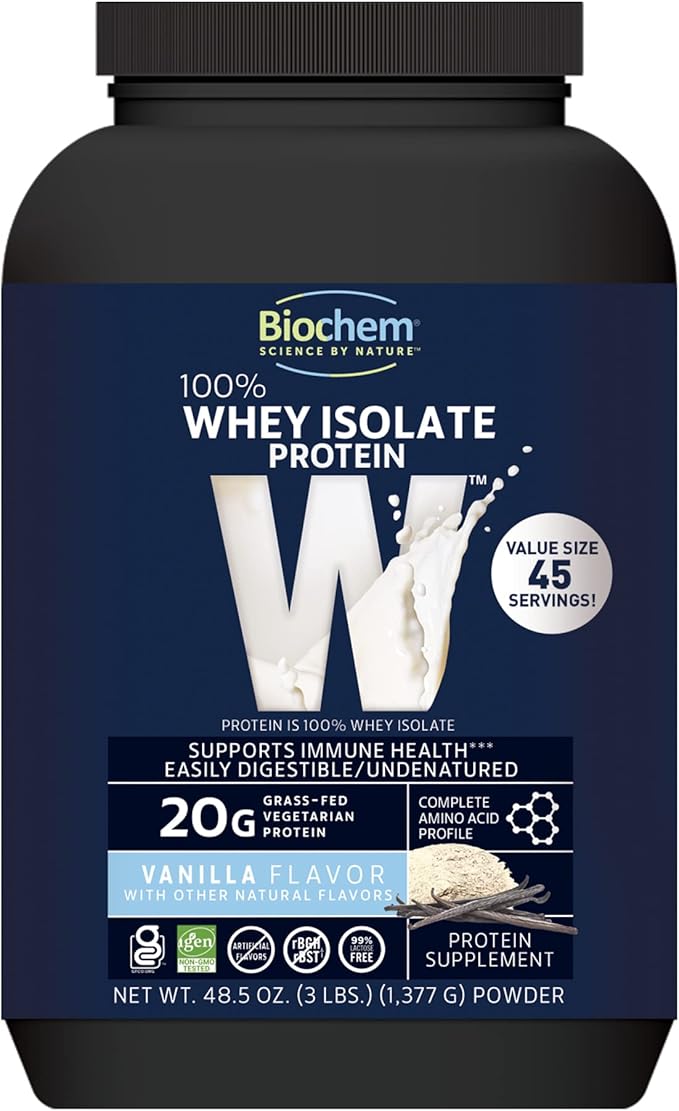 Biochem 100% Whey Isolate Protein - Vanilla Flavor – 48.5 oz. - Pre & Post Workout - 20g of Vegetarian Protein - Easily Digestible - Easy to Mix – 45 Servings