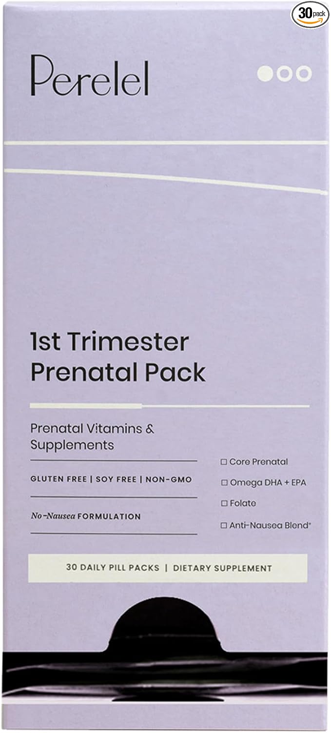 Perelel 1st Trimester Prenatal Pack - Prenatal Omega 3 Vitamins for Women - Gluten, Dairy and Soy-Free + Non-GMO (30 Daily Pill Packs)