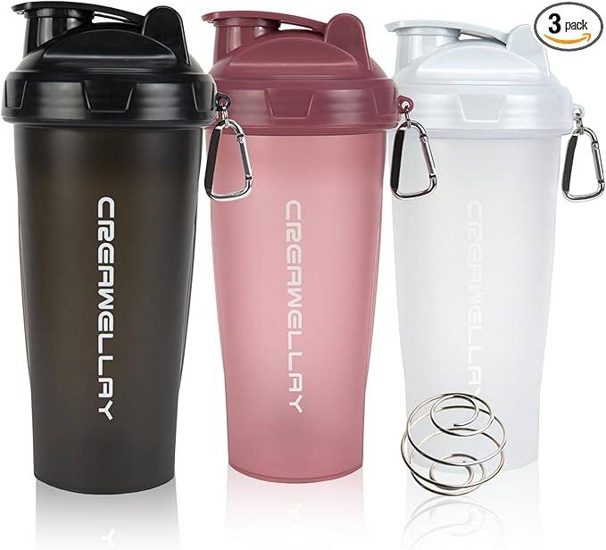3 Pack Protein Shaker Bottle, 24 oz Protein Shaker Cup with Wire Shaker Ball for Pre Workout, Shake Bottle with Carrying Handle, BPA-Free & Dishwasher Safe (Black, White, Pink)