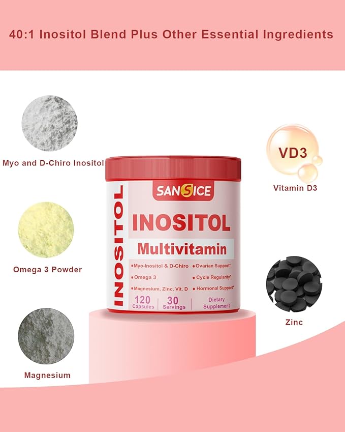 Inositol Multivitamin Capsules, 2000mg Myo-Inositol & 50mg D-Chiro Inositol 40:1 Blend, Inositol Supplement with Omega 3 for Women (120 Capsules)