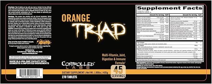 CONTROLLED LABS Orange Triad Daily Multivitamin, Iron Free Sports Supplement for Workout, Digestion, Immune, and Joints, 45 serv Muscle Building and Recovery Tablets