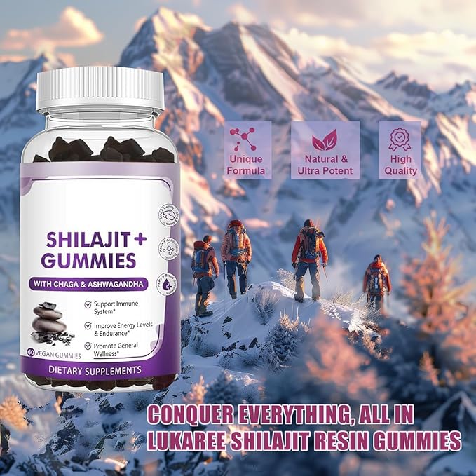 2 Pack Shilajit Gummies, Pure Shilajit with Ashwagandha, Black Seed Oil, Vitamins C, D3, B12 & Zinc, Vegan, Non-GMO, Energy & Immune Support Supplement for Men & Women, 60 Gummies Each
