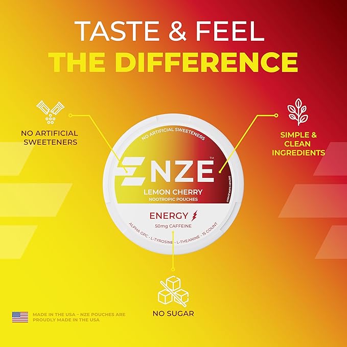 NZE Caffeine Nootropic Pouches (Lemon Cherry) - Nootropic Energy Pouches with 50mg Caffeine, Alpha GPC, L-Tyrosine & L-Theanine No Sugar or Artificial Sweeteners - 15 Nicotine Free Pouches A Can