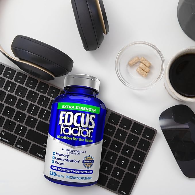 Focus Factor Adults Extra Strength, 120 Count- Brain Supplement for Memory, Concentration, Focus- DMAE, Vitamin D, DHA- Brain Health Supplement – Trusted Formula- Brain Vitamins, Focus Pills (3 Pack)