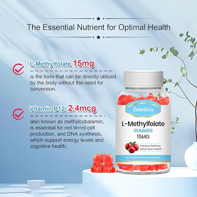 2 Pack L-Methylfolate 15mg Gummies, Methylated Multivitamin with Methylated B12, Active 5-MTHF Form, Supports MTHFR Mutation, Methylation, Mood & Cognition, Vegan, Cranberry Flavor, 120 Cts