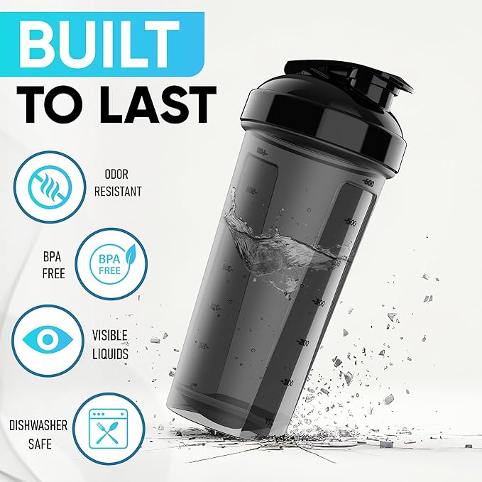 2 Pack Protein Shaker Bottle - upto 28oz, 2x Shaker Ball, Portable Pre Workout Whey Protein Shaker Cups for Protein Shakes, Leak Proof Shaker Bottles for Protein Mixes