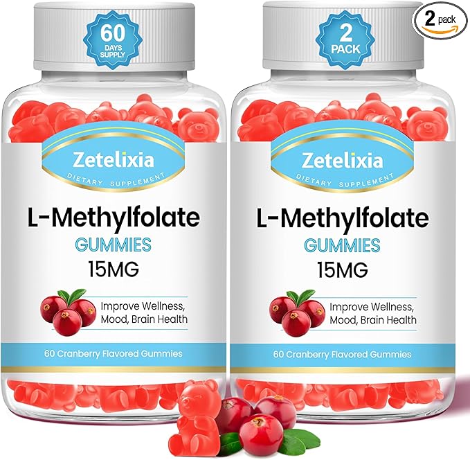 2 Pack L-Methylfolate 15mg Gummies, Methylated Multivitamin with Methylated B12, Active 5-MTHF Form, Supports MTHFR Mutation, Methylation, Mood & Cognition, Vegan, Cranberry Flavor, 120 Cts