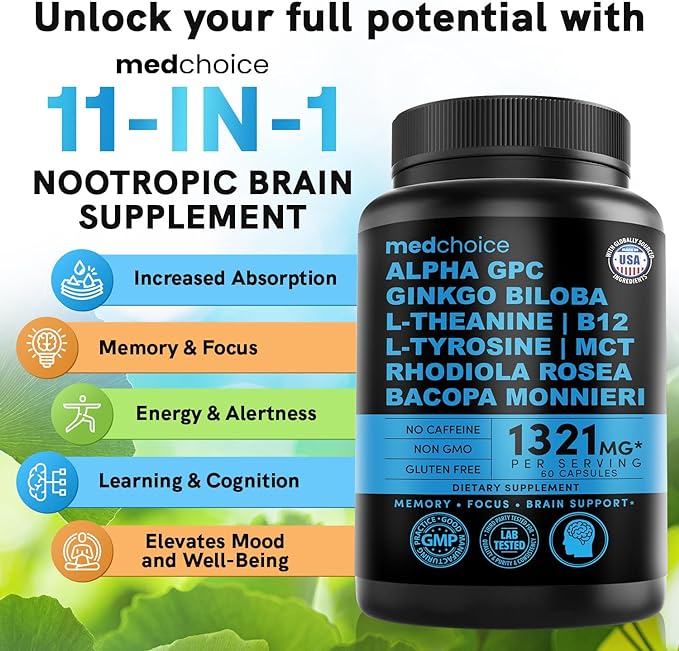 11-in-1 Nootropic Brain Supplements: Memory & Focus Supplement with Ginkgo Biloba, L Theanine, Bioperine, & Alpha GPC Choline - 1321mg, 60ct - Stimulant Free, Vegan - Focus Brain Support (3 pack)