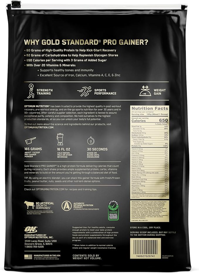 Optimum Nutrition Gold Standard Pro Gainer, Weight Gainer Protein Powder, Vanilla Custard, 10.19 Pound (Packaging May Vary)