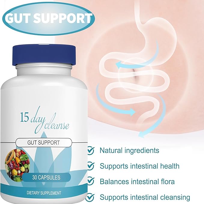 15 Day Gut Cleanse - Gut and Colon Support, 15 Day Advanced Bowel Cleanse with Senna, Cascara Sagrada & Psyllium Husk (30 Capsules)