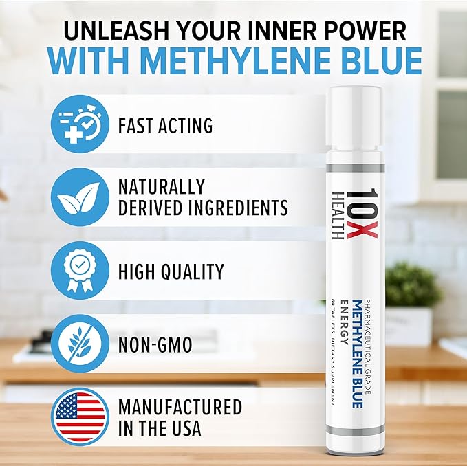 10X Health Superhuman Energy Pharmaceutical Grade Methylene Blue Tablets with Glycine, NAC, & Niacinamide - Boost Energy, Enhance Focus, & Cognitive Support - Non-GMO (60 Tablets)