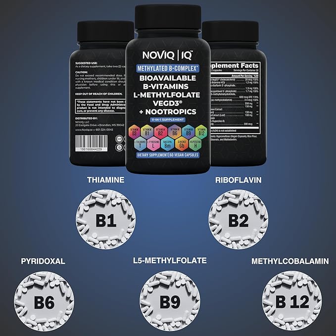 11-in-1 Methylated B-Complex Supplement: 680mcg L-Methylfolate(5-MTHF) Thiamine(B1) Riboflavin(B2) Pyridoxal(B6) Methylcobalamin(B12) - VegD3ยฎ + Nootropics - 1,100mg+ Serving - 60 Count