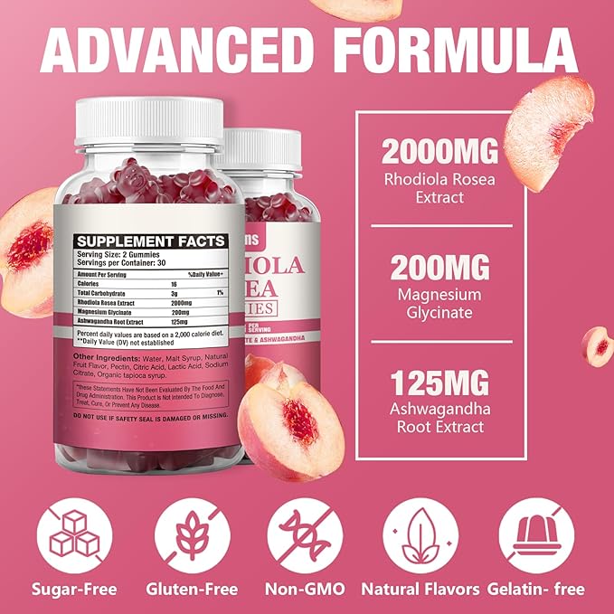 2 Packs 2000MG Sugar Free Rhodiola Rosea Gummies -Rhodiola Supplement &Cortisol Reducer for Endurance, Mood &Stress, Sleep& Fatigue Relief Support, Non-GMO, 120 Tablets Vegetarian Chews