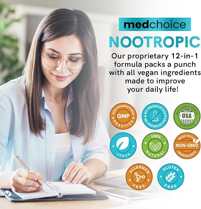 12-in-1 Nootropic Brain Supplement with Caffeine Anhydrous: Ginkgo Biloba for Brain Support, Memory and Focus - B12, Alpha GPC, L Theanine and Choline Supplements with Bioperine with 1321mg (60ct)