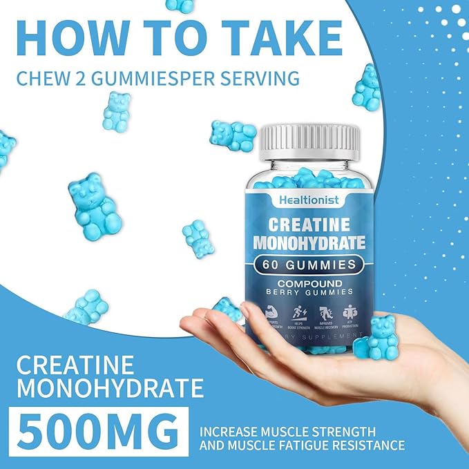 2 Pack Creatine Monohydrate Gummies for Men & Women, Chewable Creatine Monohydrate for Muscle Strength & Growth, Muscle Builder, Energy Boost, Pre-Workout Supplementm, Vegan, 120 Counts