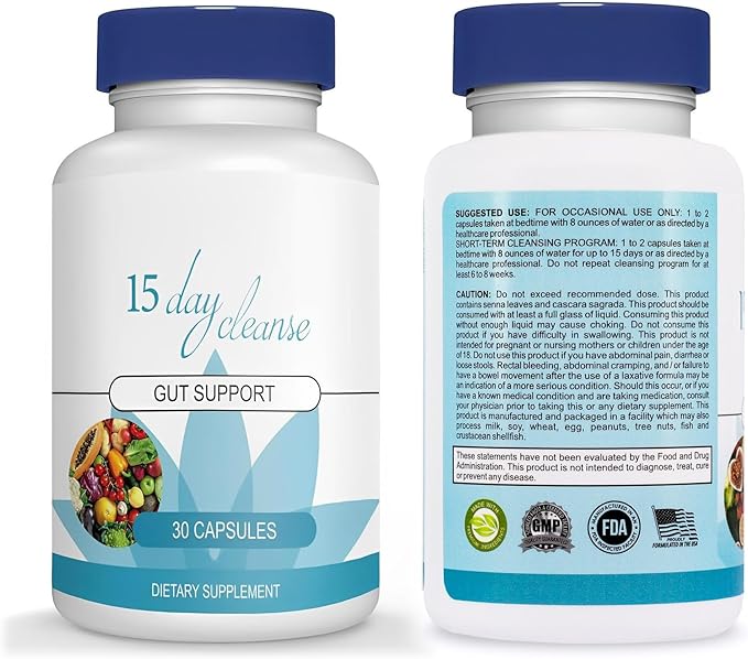 15 Day Gut Cleanse - Gut and Colon Support, 15 Day Advanced Bowel Cleanse with Senna, Cascara Sagrada & Psyllium Husk (30 Capsules)