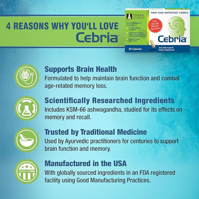 Cebria Brain Supplement for Men, Women & Seniors – Nootropic Safe and Effective Memory Supplement for Retention, Recall & Age-Related Memory Loss* (30 Count)