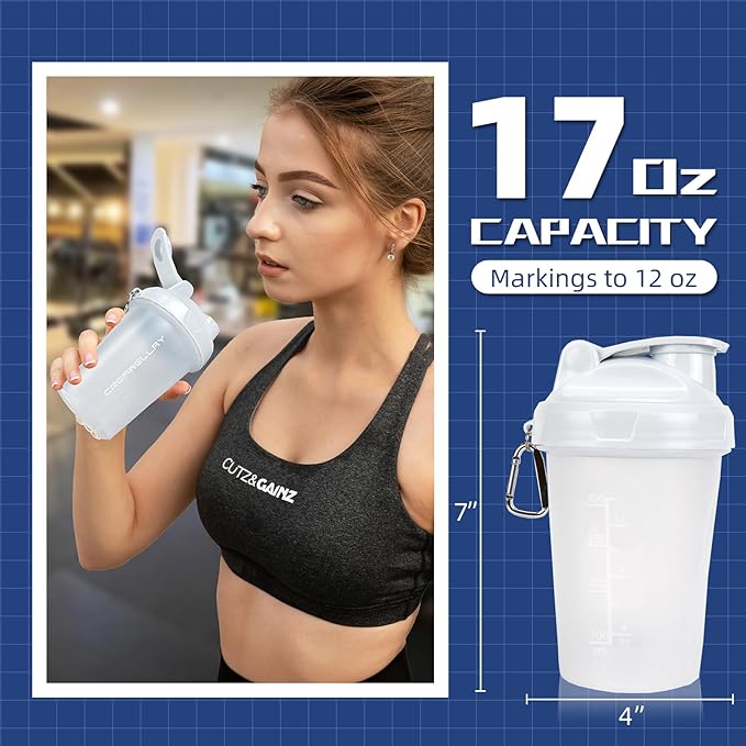 2 Pack Shaker Bottles for Protein Mixes, 17 oz Small Protein Shaker Bottle with Handle, Gym Shaker Cups with Blending Ball for Pre Workout, BPA-Free & Dishwasher Safe(Black, White)