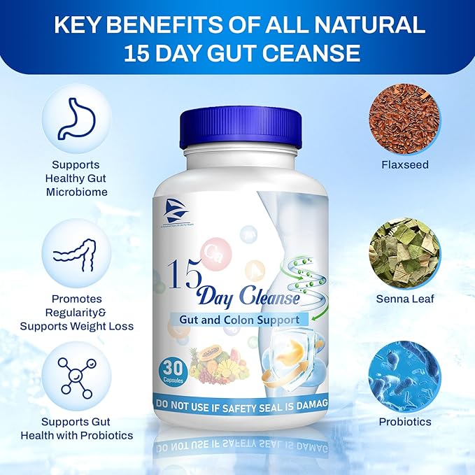 15 Day Cleanse -15 Day Gut Cleanse-Pastillas de 15 Dias para Limpiar El Colon, Advanced Formula with Senna, Cascara Sagrada & Psyllium Husk (1 PC)