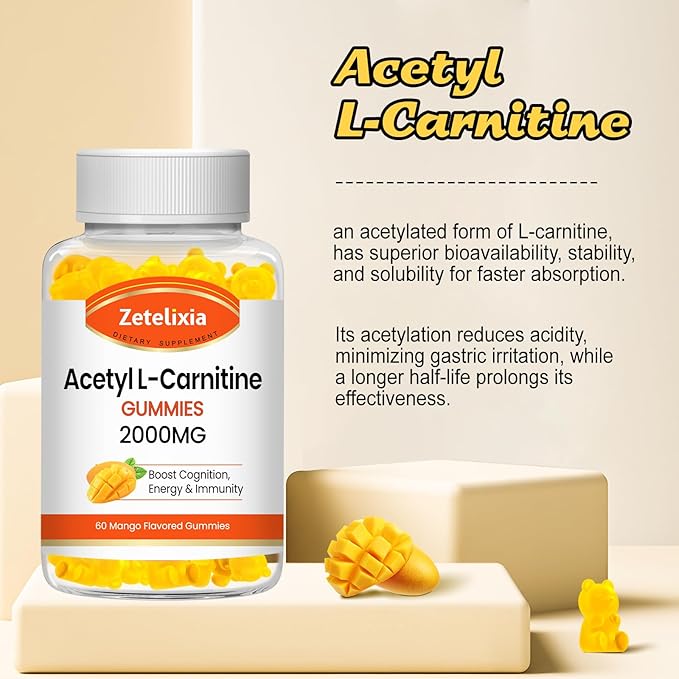 2 Pack Acetyl L-Carnitine Gummies 2000mg, L-Carnitine Supplement for Promote Fatty Acids Oxidation, Nutrition Supplement for Boost Energy, Immunity & Metabolism, Mango Flavor, 120 Count