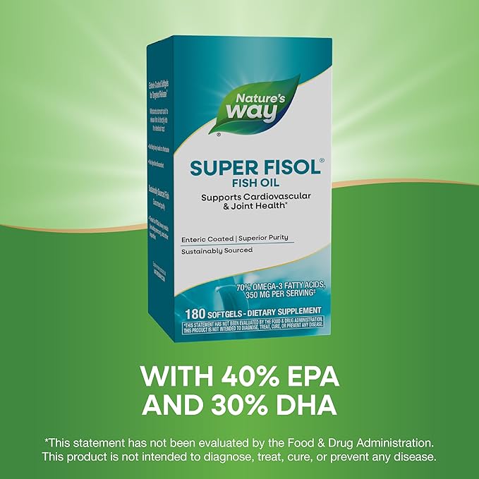 Nature's Way Super Fisol Fish Oil, Enteric Coated, Supports Cardiovascular and Joint Health*, Mega Potency Omega-3s, 180 Softgels (Packaging May Vary)