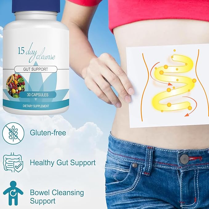 15 Day Gut Cleanse - Gut and Colon Support, 15 Day Advanced Bowel Cleanse with Senna, Cascara Sagrada & Psyllium Husk (30 Capsules)