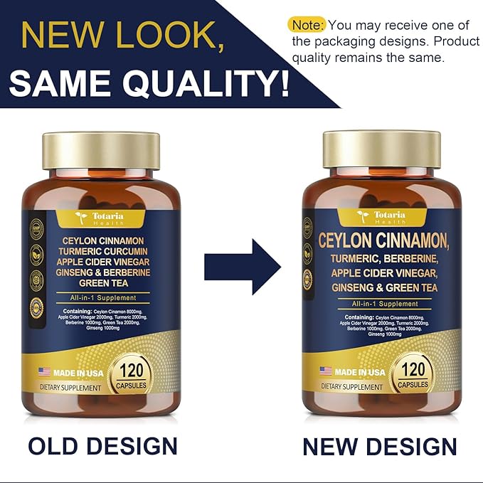 18-in-1 Ceylon Cinnamon 8000mg, Made in USA, 2000mg Apple Cider Vinegar 2000mg Turmeric 1000mg Berberine 1000mg Ginseng Plus Bitter Melon for Gut, Metabolism & Heart, 120 Vegan Capsules