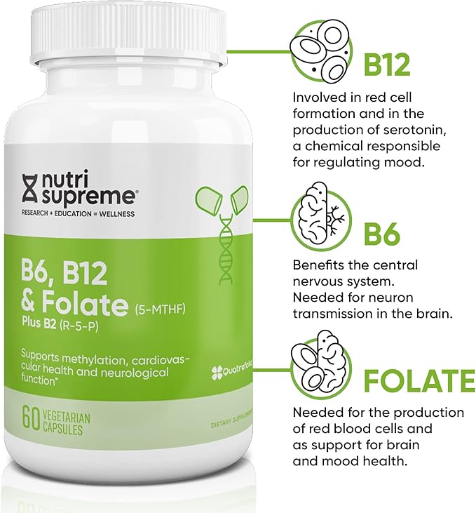Nutri Supreme, Folate with B6 and B12, Helps Maintain Normal Homocysteine Levels and Cardiovascular Health, 60 Count, Kosher Certified