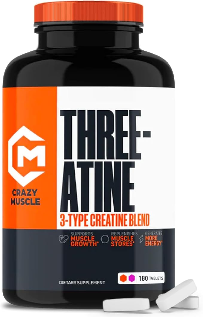 Crazy Muscle Creatine Monohydrate Pills - Premium 3 Type 5g Creatine Pills - Pre/PostWorkout & Keto Energy Builder - Easy-to-Take Three-Atine Pills for Optimum Performance Men Women - 180 Tablets