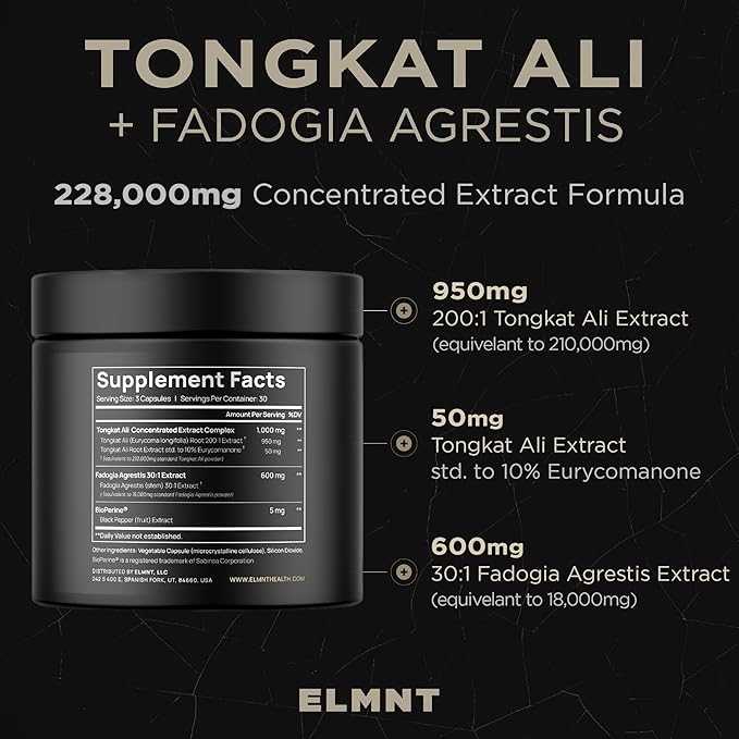 228,000mg 200x Strength Tongkat Ali for Men w. 30x Fadogia Agrestis Extract - 10% Eurycomanone Highest Potency Longjack Fadogia Agrestis Tongkat Ali Supplement - Muscle Growth Support Pills for Men