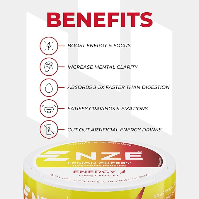 NZE Caffeine Nootropic Pouches (Lemon Cherry) - Nootropic Energy Pouches with 50mg Caffeine, Alpha GPC, L-Tyrosine & L-Theanine No Sugar or Artificial Sweeteners - 15 Nicotine Free Pouches A Can