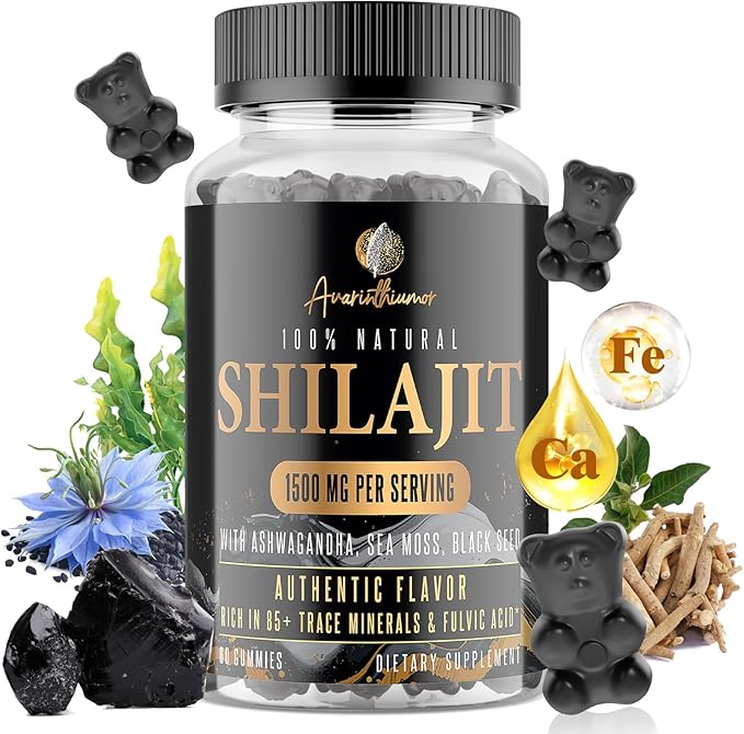 1500MG Shilajit Gummies for Men & Women, Shilajit Pure Himalayan Organic, with Ashwagandha, Sea Moss, Black Seed, Rich in Fulvic Acid, 85+ Trace Minerals, Authentic Flavor, 100% Natural, 60 Gummies
