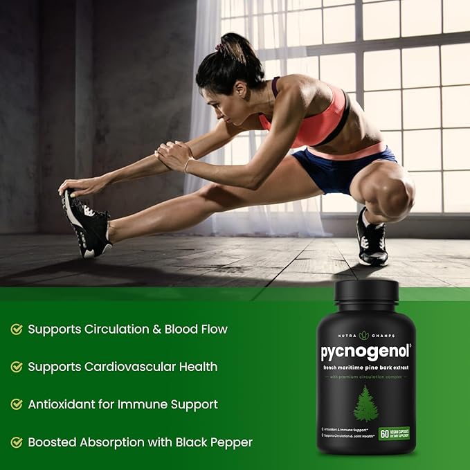 Pycnogenol French Maritime Pine Bark Extract | Premium Circulation Complex | Blood Flow, Nitric Oxide Production | Superior Absorption, Results with Black Pepper Extract | Vegan, Non-GMO | 60 Capsules