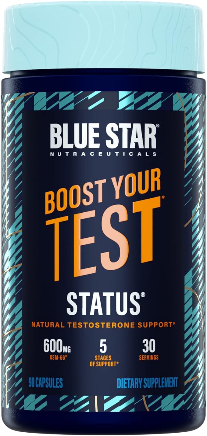 Blue Star Nutraceuticals Status - Testosterone Booster for Men - w/KSM 66 Ashwagandha - Invigorate Stamina, Muscle Growth & Energy | Natural Test Booster Support - 90 Veggie Capsules