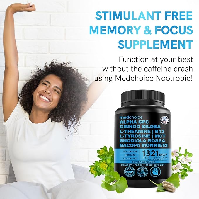 11-in-1 Nootropic Brain Supplements: Memory & Focus Supplement with Ginkgo Biloba, L Theanine, Bioperine, & Alpha GPC Choline - 1321mg, 60ct - Stimulant Free, Vegan - Focus Brain Support (2 pack)