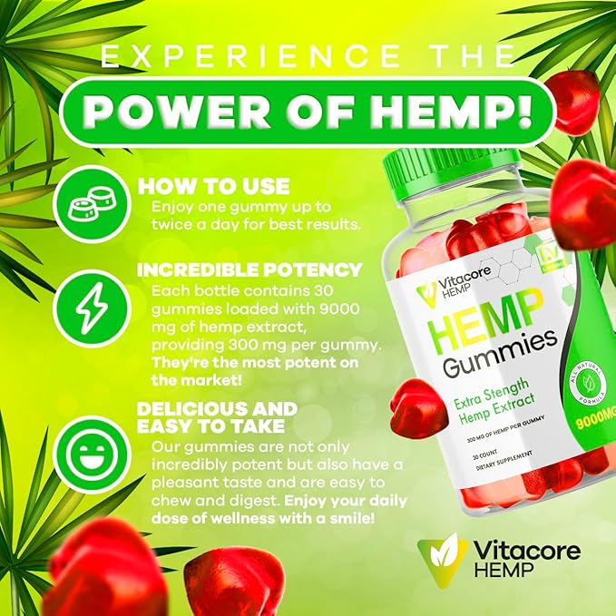 1 Pack - Vitacore Gummies - Vitacore Hemp 30 Gummies for 1 Month, Vitacore Hemp Gummies 9000 MG Per Bottle, Vitacore Gummies Me with Great Taste, Vita Core Gummies.