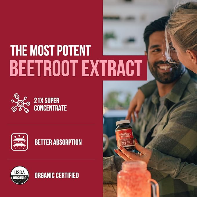BioBeet® Max Strength Beet Root Capsules - 21:1 Concentrate, Each Serving Derived from 28,350 mg Organic Beetroot - Absorption Enhancement with BioPerine® Black Pepper Extract (60 Capsules)